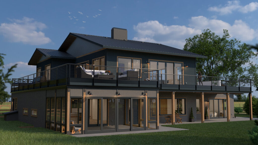 Exterior rendering of a spacious custom home design, showcasing modern architectural elements, expansive windows, and landscaped surroundings. The residence exudes grandeur with its multi-level structure, sleek lines, and thoughtful attention to detail.